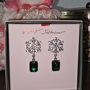 Betsey Johnson Silver Snowflake Earrings with Green Gemstone
